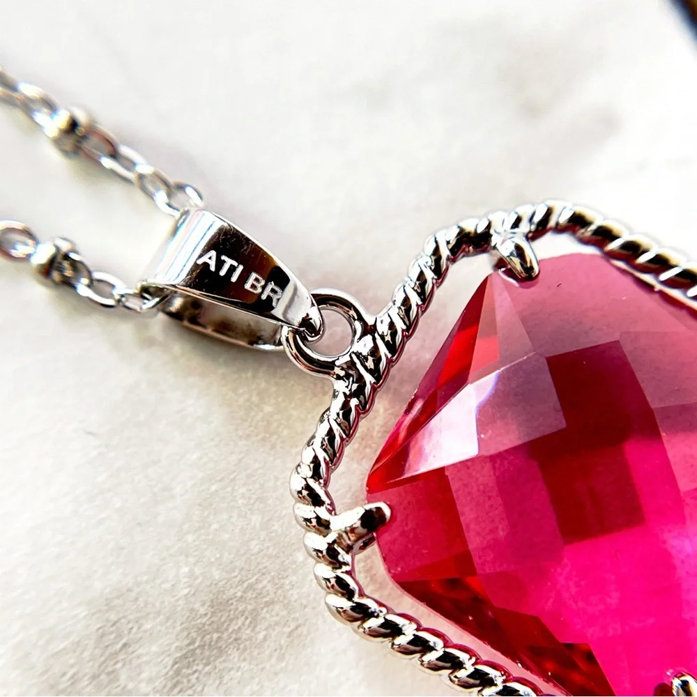 Faceted Pink Simulated Gemstone Necklace - Rhodium Plated Jeweled Pendant - NEW